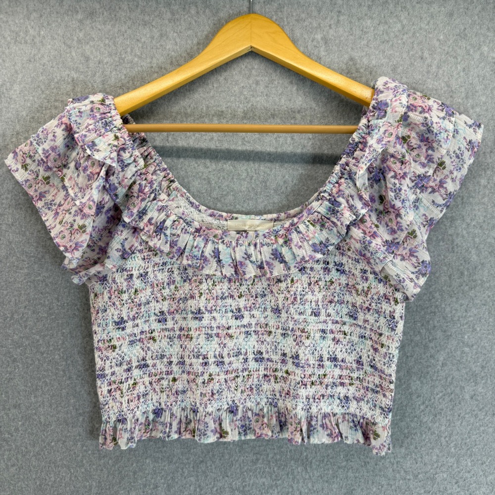 LoveShackFancy Smocked Saba Crop‎ Top Floral Ruffle Blouse White Purple Size XL